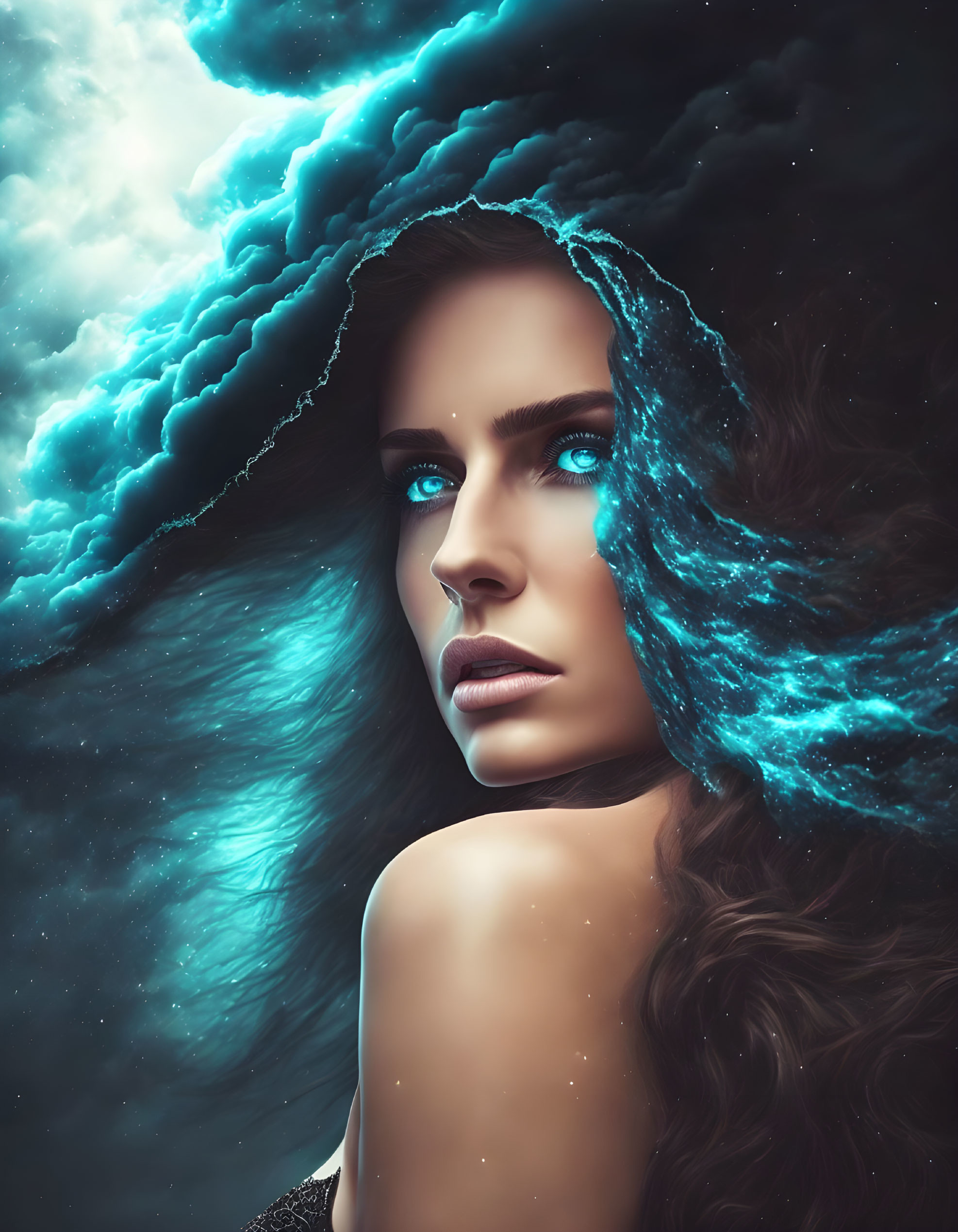 Woman with Deep Blue Eyes and Wavy Hair in Cosmic Nebula Setting