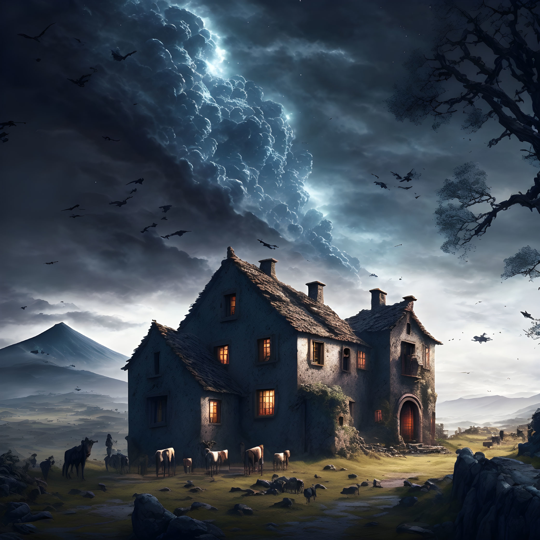 Mystical two-story cottage under stormy sky with grazing horses