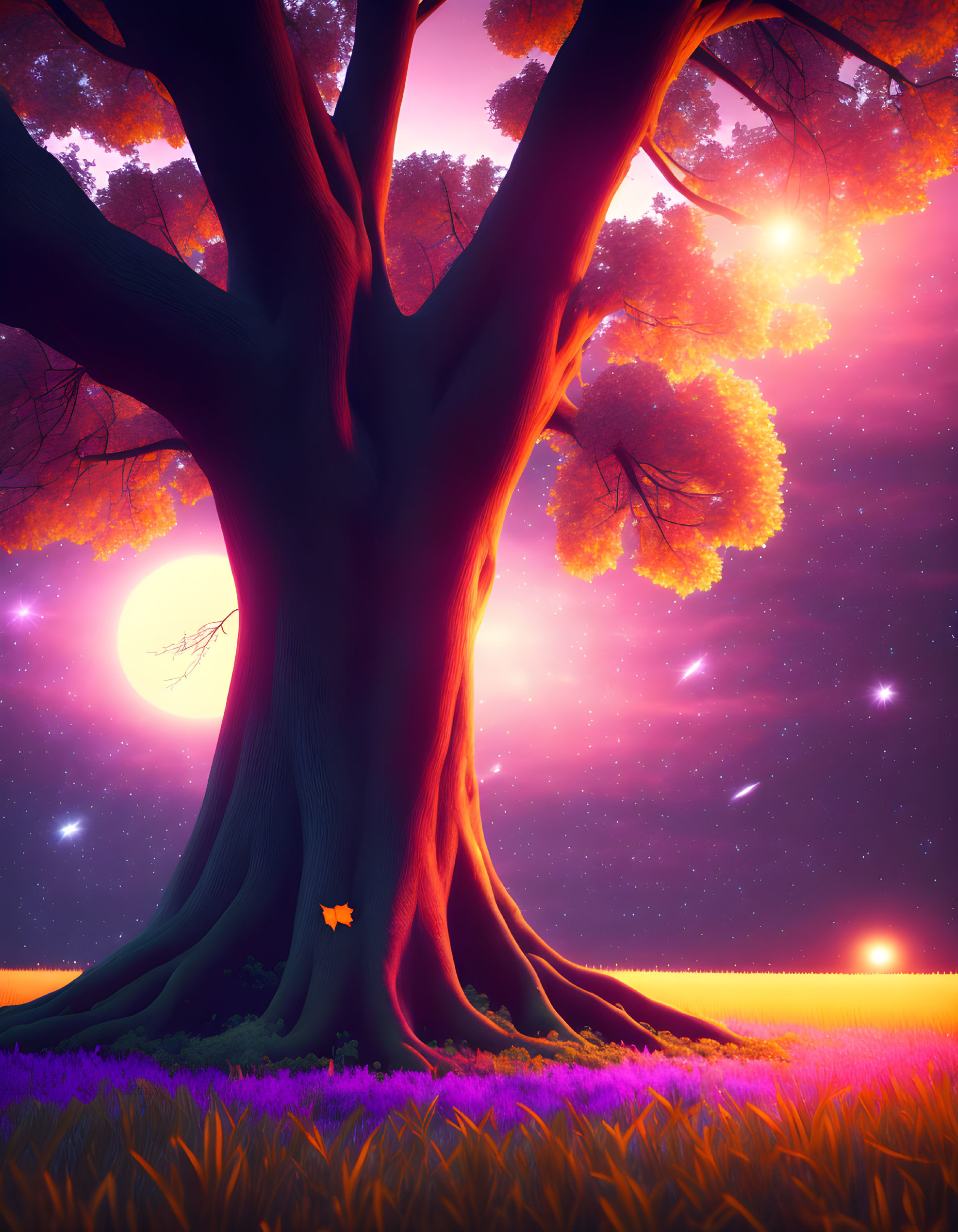 Fantastical landscape with large tree, purple grass, radiant sunset, stars, and butterfly under surreal