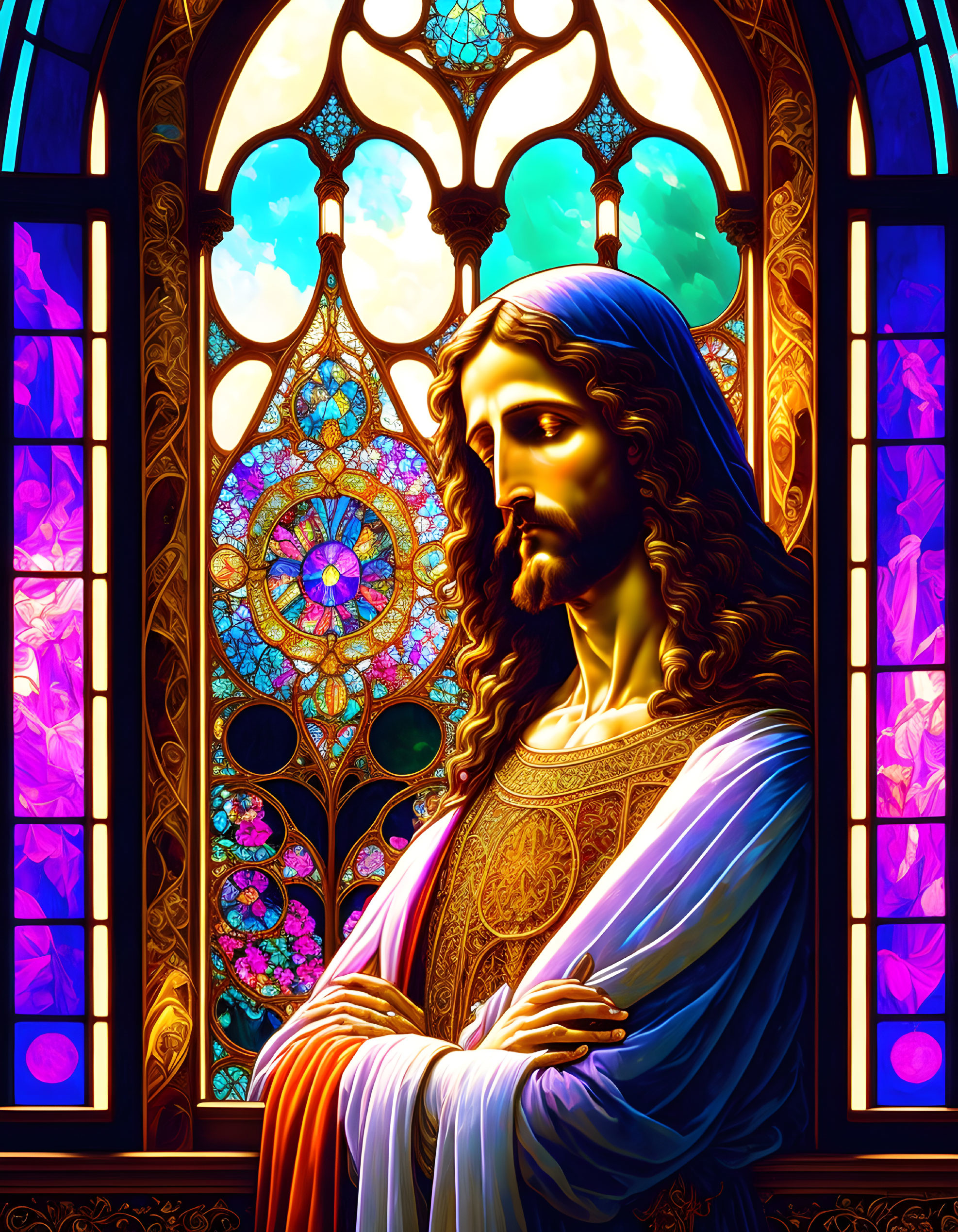 Illustration of Jesus-like figure before colorful stained glass