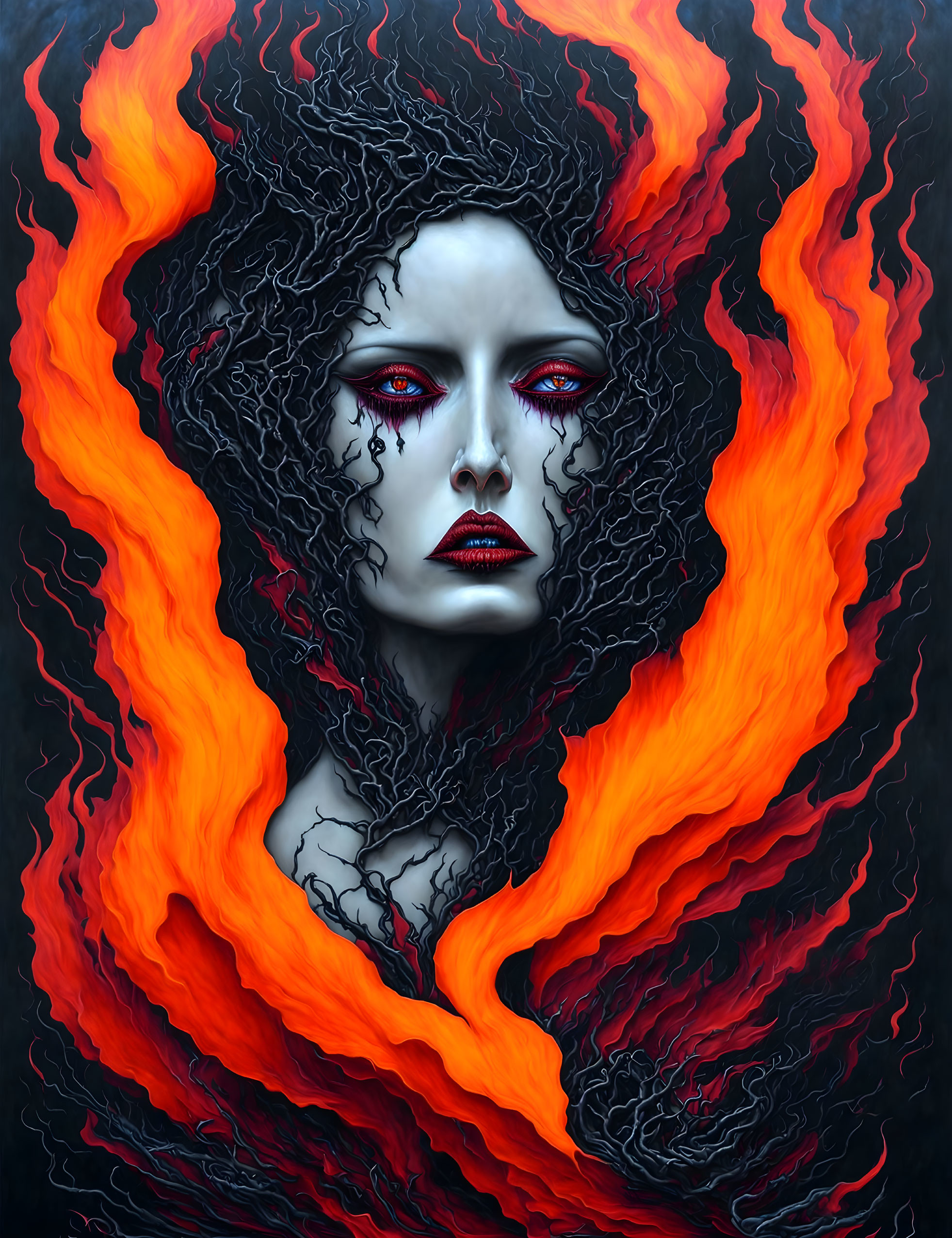 Fiery red and black hair woman with red eyes on dark backdrop