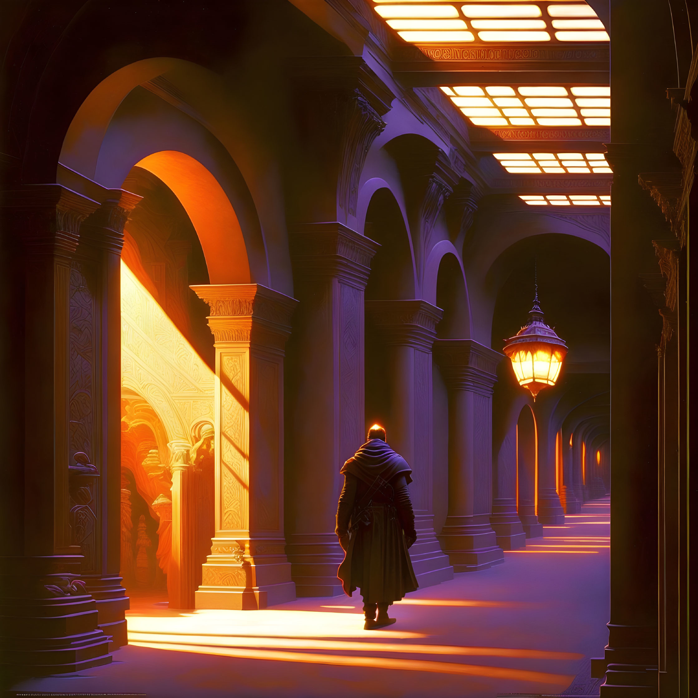 Solitary figure in grand dimly lit corridor with arches and lanterns.