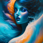 Colorful digital artwork of a woman with blue skin in cosmic setting