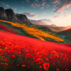 Colorful Sunset Landscape with Red Poppies and Rolling Hills