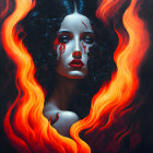 Fiery red and black hair woman with red eyes on dark backdrop