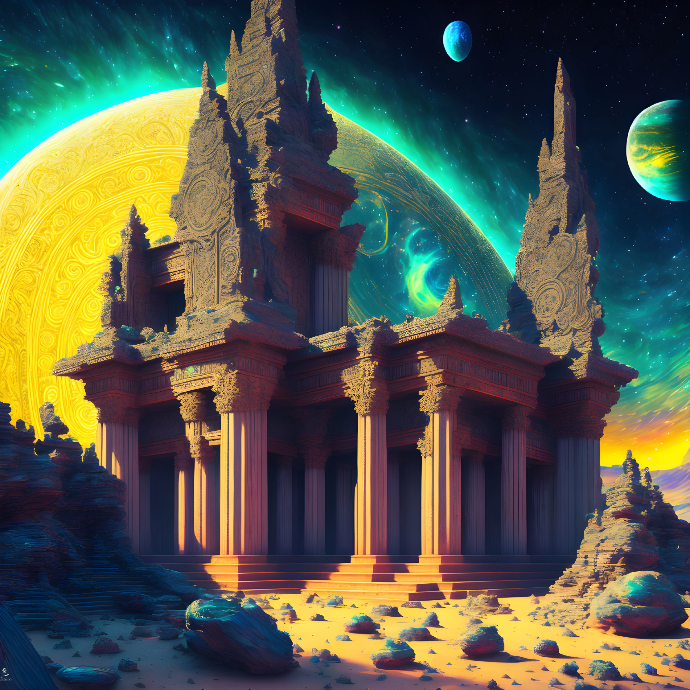 Surreal sci-fi landscape with ancient temple and giant yellow planet