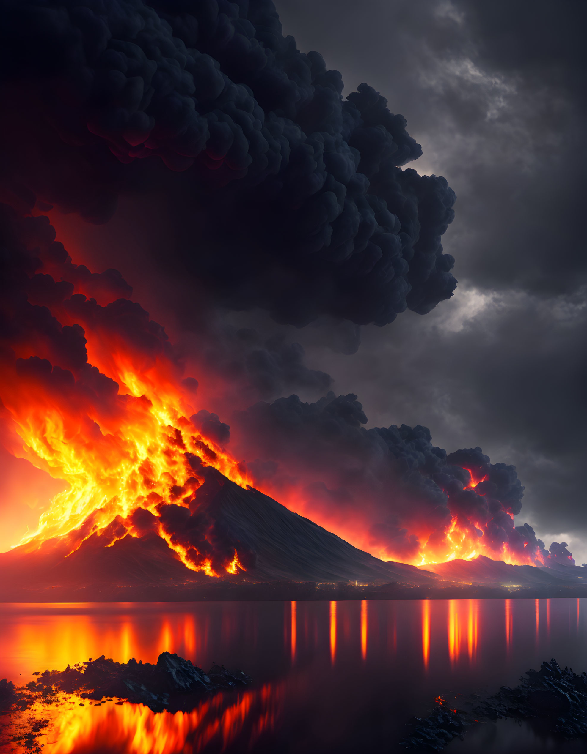 Volcano eruption at night: lava and ash reflected in water