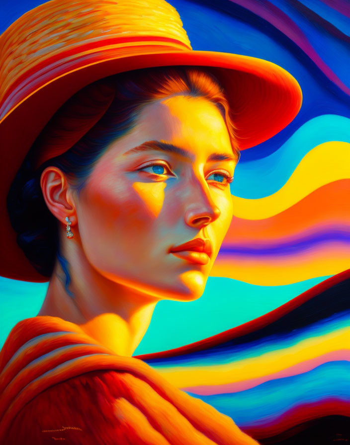 Colorful portrait of a woman in a straw hat with vibrant, stylized background