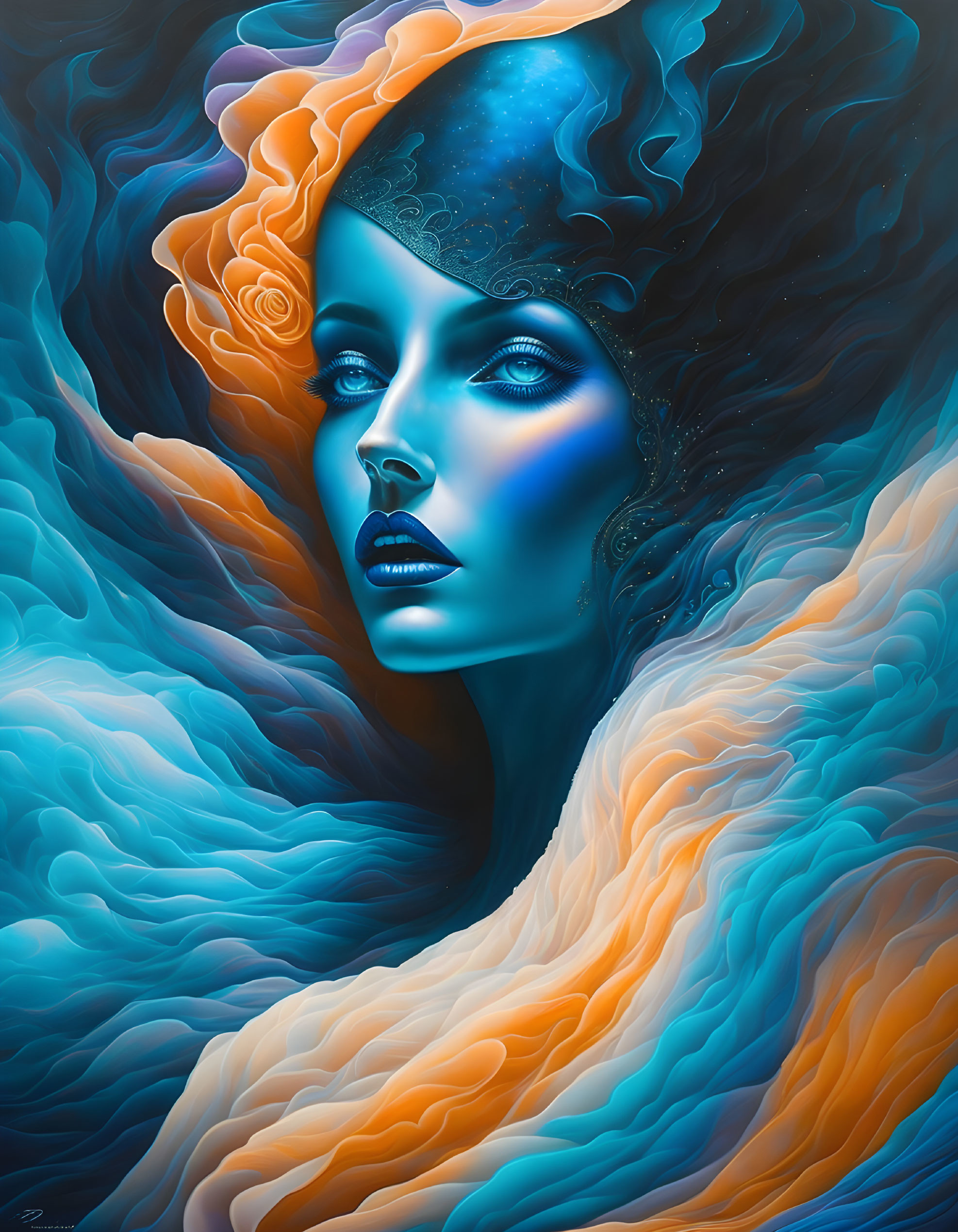 Colorful digital artwork of a woman with blue skin in cosmic setting