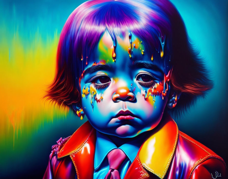 Child portrait with multicolored tears on blue background