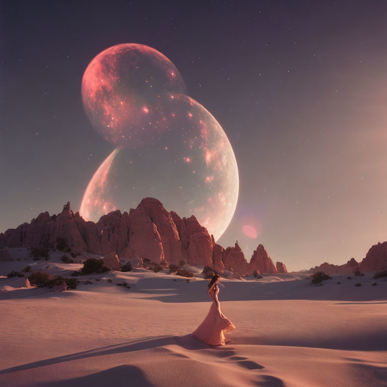 Person standing on sand under twilight sky with two moons and rocky formations