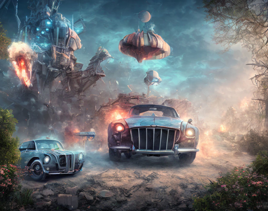 Vintage cars, giant robot, floating structures in misty forest setting