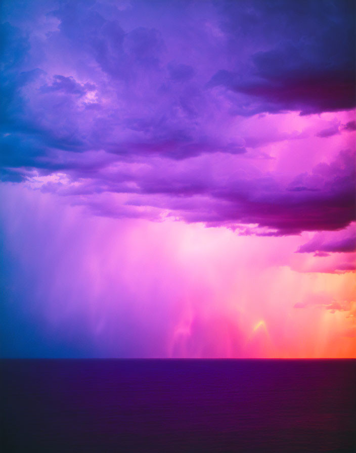 Vibrant storm over ocean with purple clouds and pink lightning