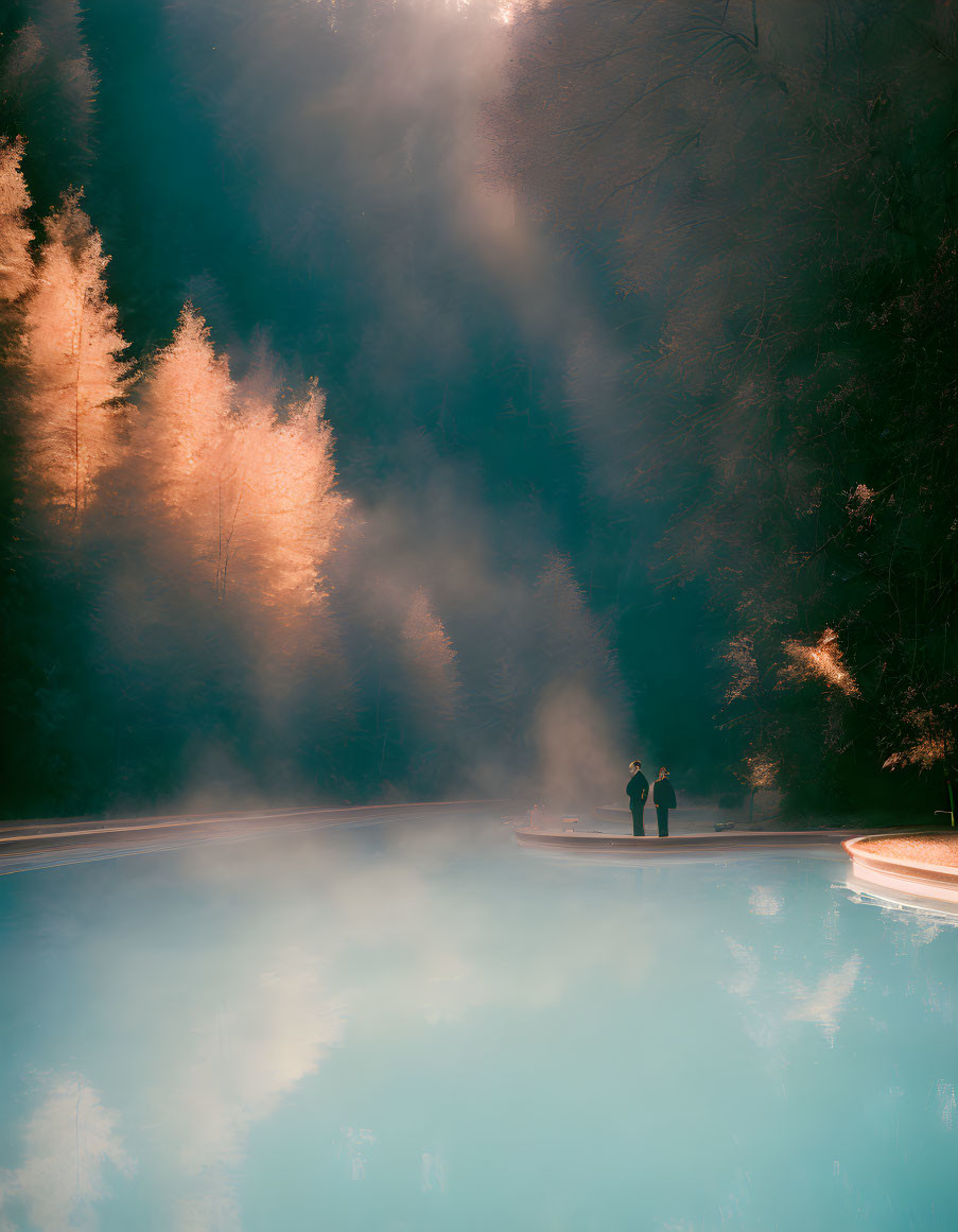 Misty lake scene with two people and trees in warm sunlight