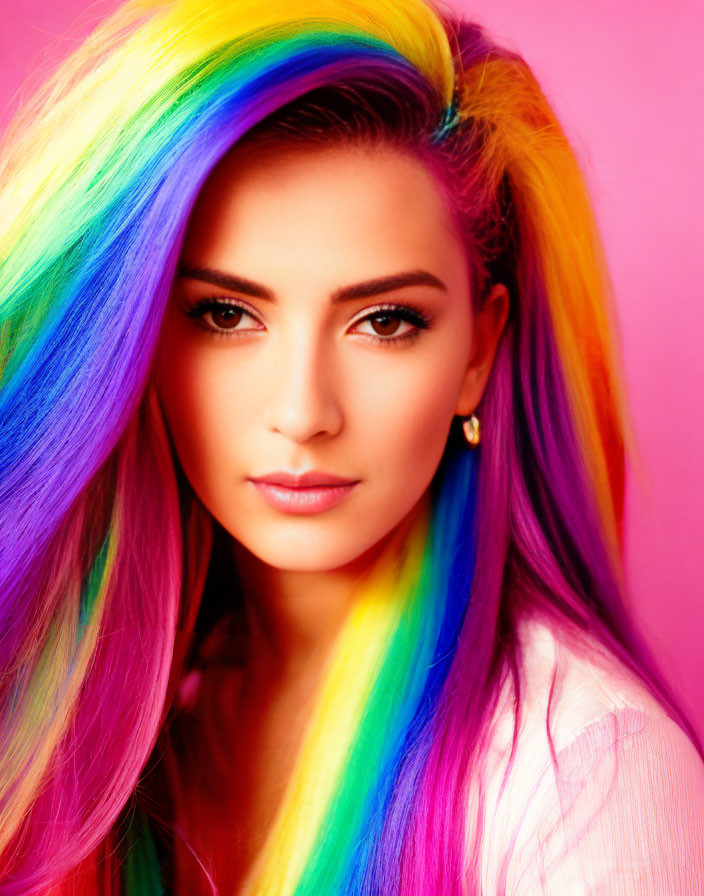 Vibrant rainbow-dyed hair woman on pink background with striking makeup