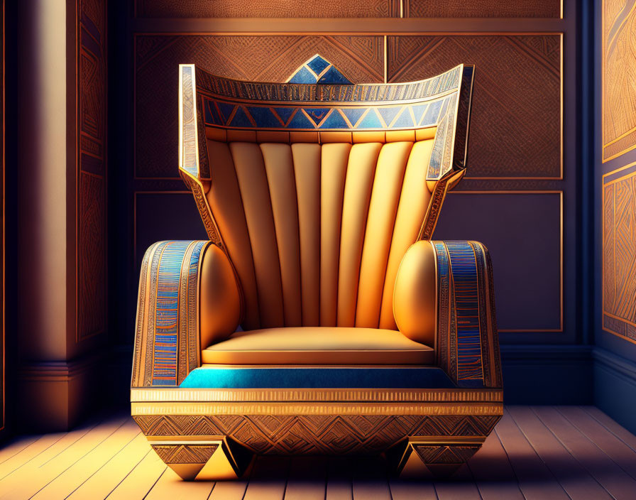 Ancient Egyptian-inspired throne with gold and lapis lazuli in hieroglyphic room