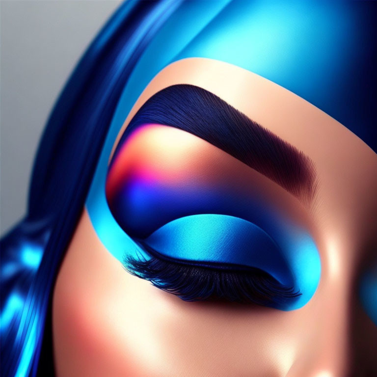 Digitally Rendered Eye with Vibrant Blue Eyeshadow and Sculpted Brow