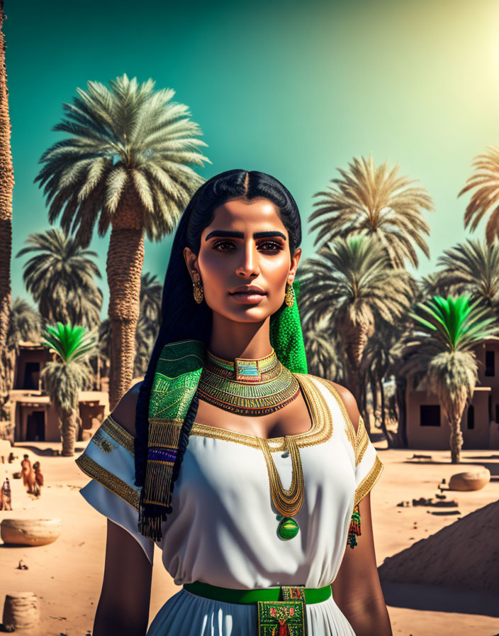 Ancient Egyptian woman in traditional attire amid palm trees and mudbrick architecture