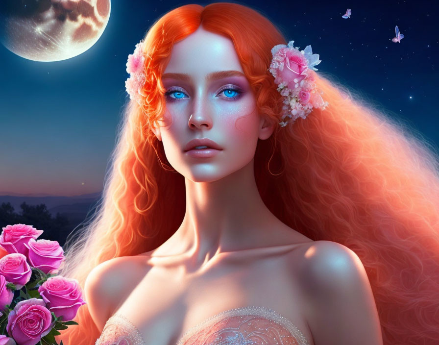 Digital artwork: Woman with blue eyes, red hair, flowers, moonlit sky.