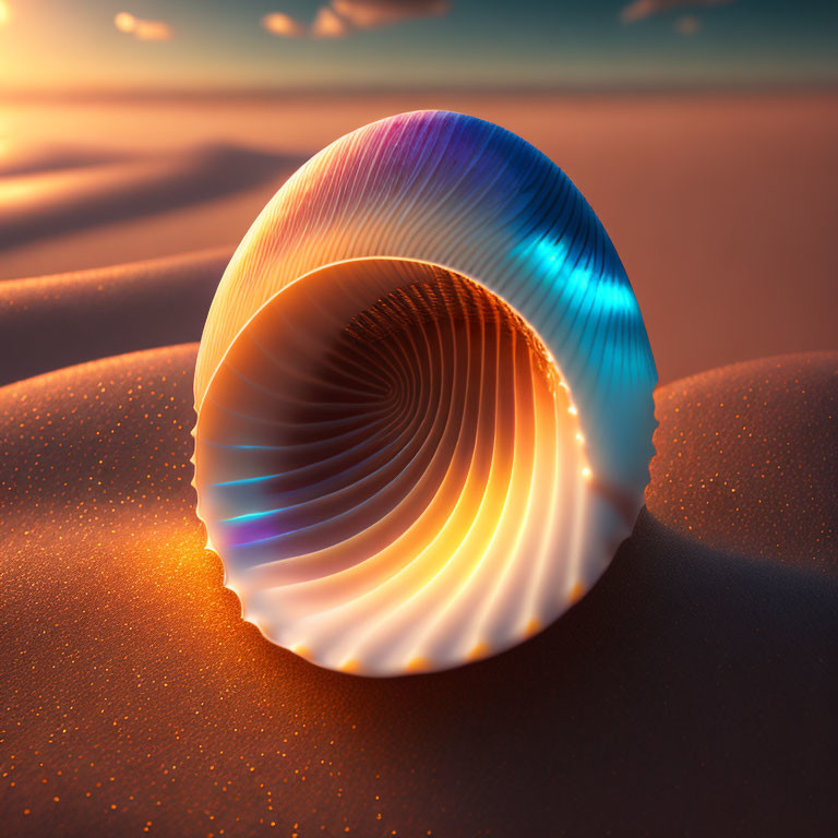 Vibrant seashell on sandy beach at sunset