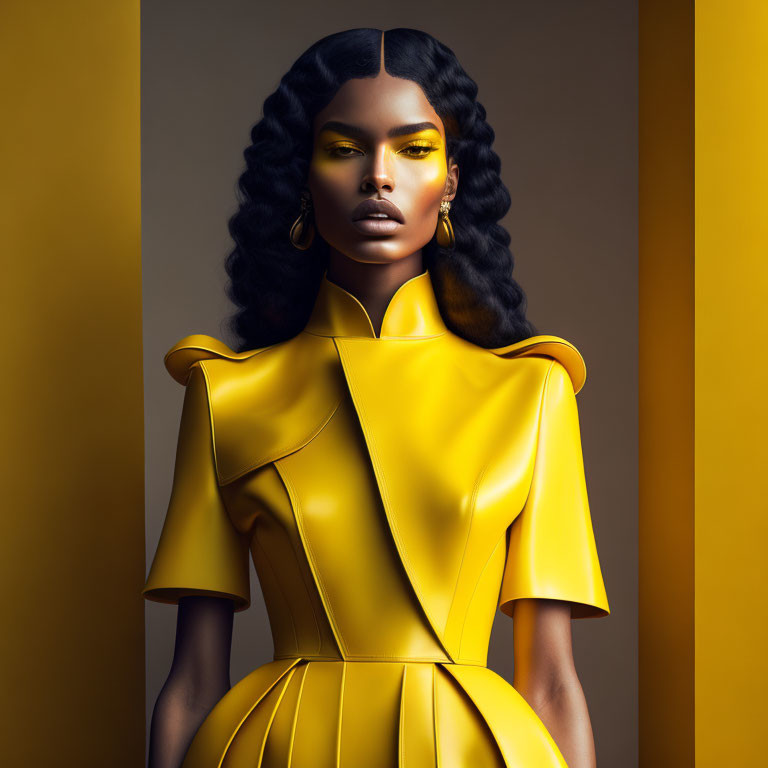 Woman in sculpted hairstyle and bold makeup in yellow avant-garde dress on two-tone background