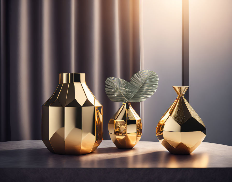 Three gold-toned geometric design vases on table with sunlight streaming through curtains