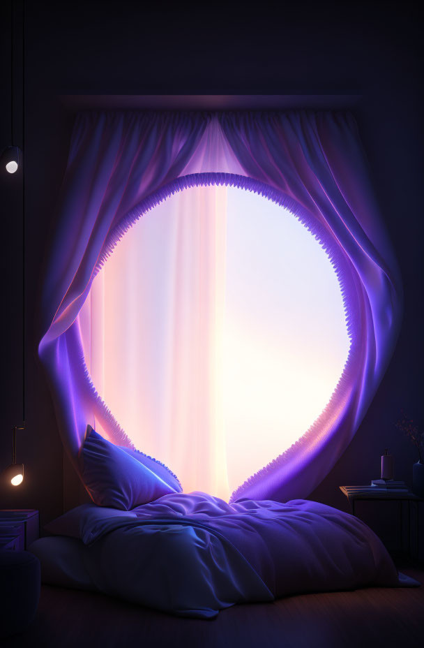 Dimly Lit Bedroom with Oval Window and Purple Glow