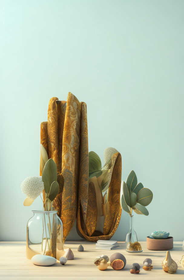 Luxurious golden fabric with intricate patterns, glass vase, white flowers, green leaves, pebbles