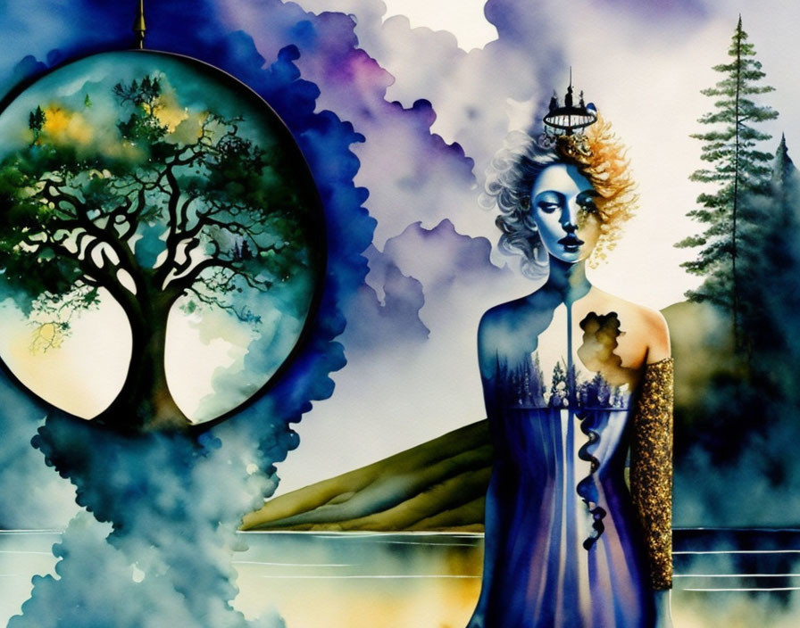 Surreal painting: Blue-skinned woman with tree, crown, castle, abstract clouds, and