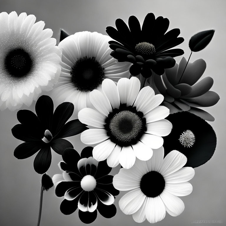 Monochrome floral composition with daisies and contrasting tones