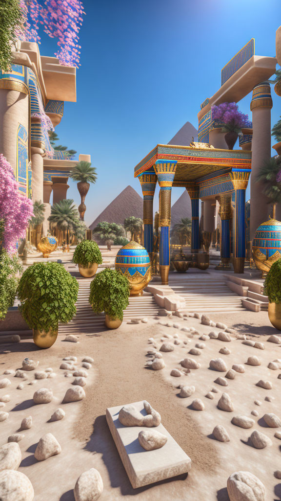 Digital artwork: Ancient Egyptian avenue with columns, plants, pyramids.