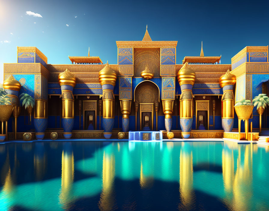 Opulent palace with golden domes and blue & gold tilework