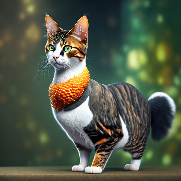 Stylized cat with green eyes and orange scarf on colorful background