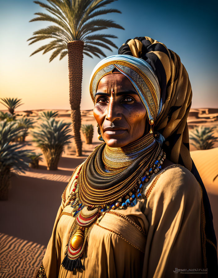 Traditional Attire Woman in Desert Sunset Landscape