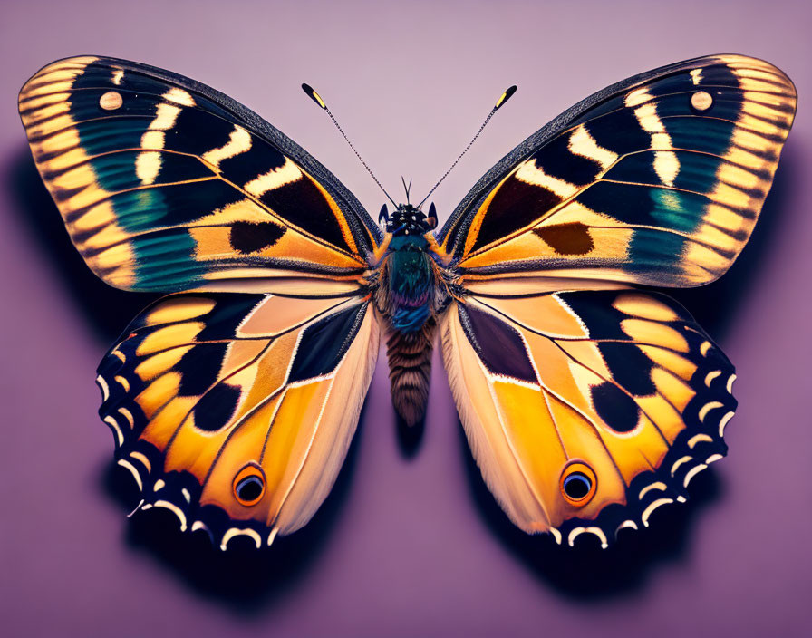 Colorful Butterfly with Orange, Black, and Yellow Wings on Purple Background