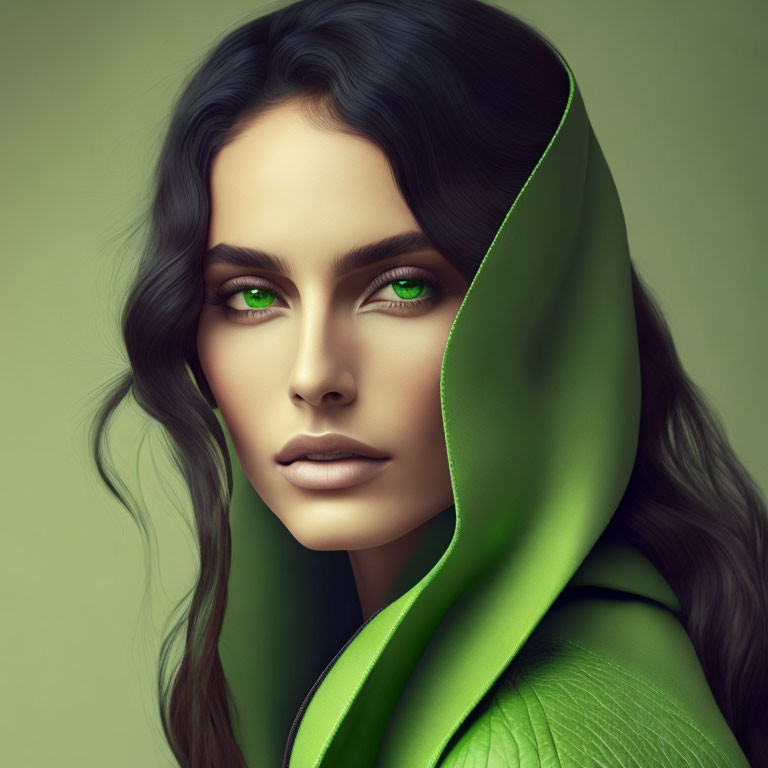 Portrait of Woman with Green Eyes and Dark Hair in Green Cloak