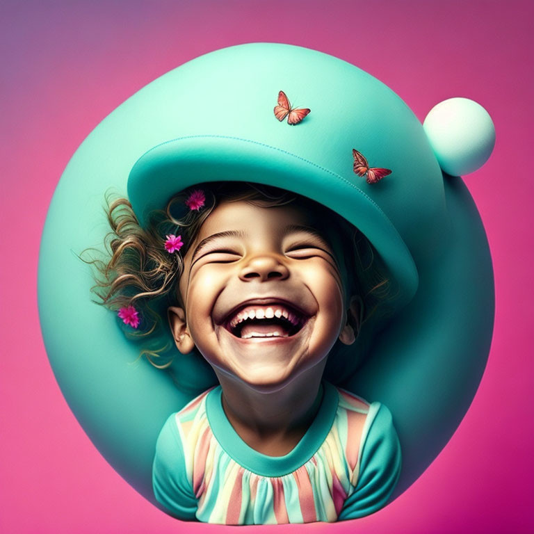 Exaggerated features of a joyful child in blue hat with butterflies on pink background