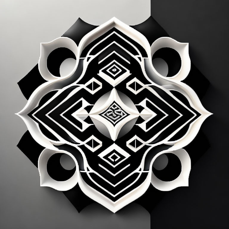 Symmetrical Black and White Mandala on Gradient Gray Background