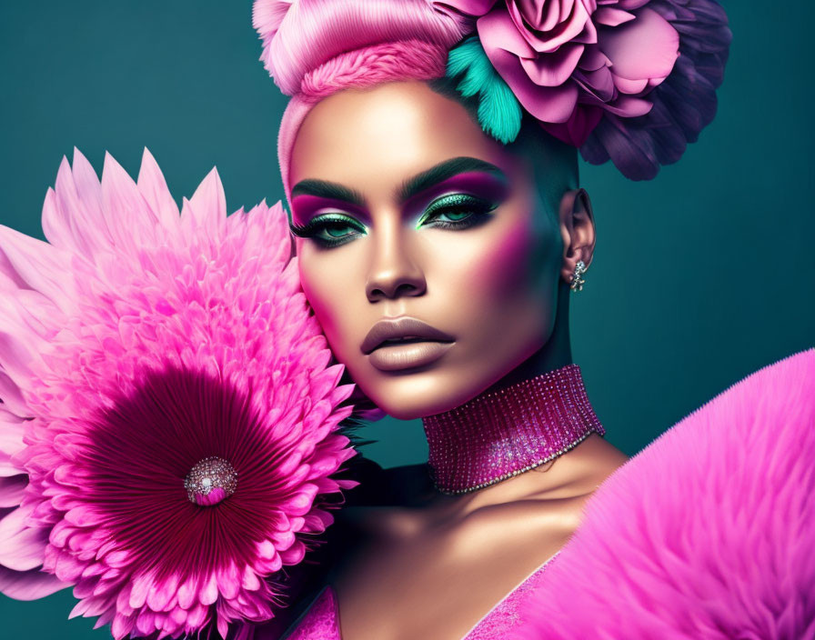 Colorful makeup woman with flowers in hair and vibrant pink flowers on teal background