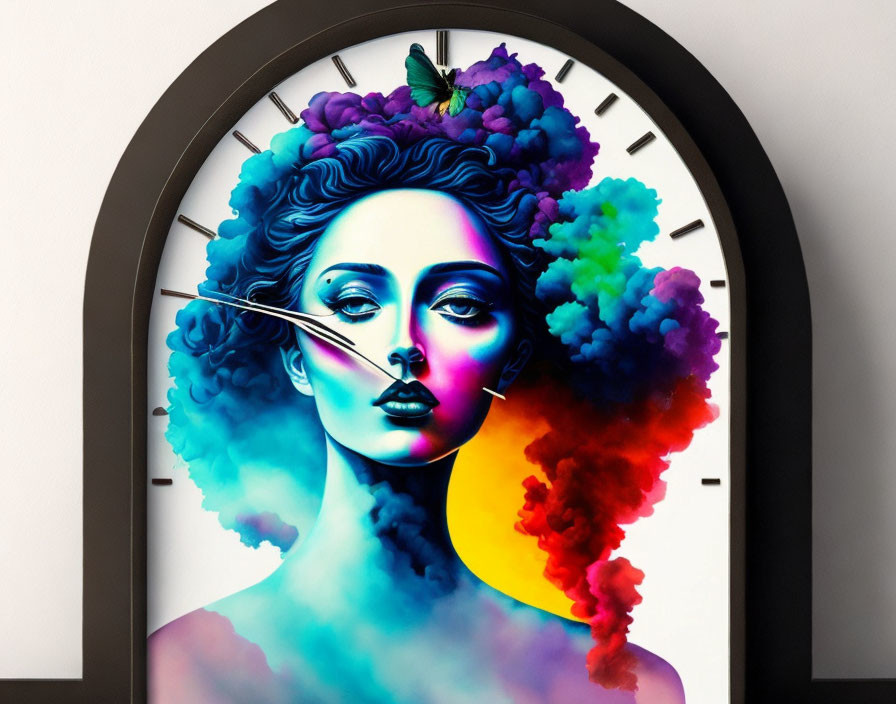 Colorful wall clock with woman's face and multicolored smoke theme.