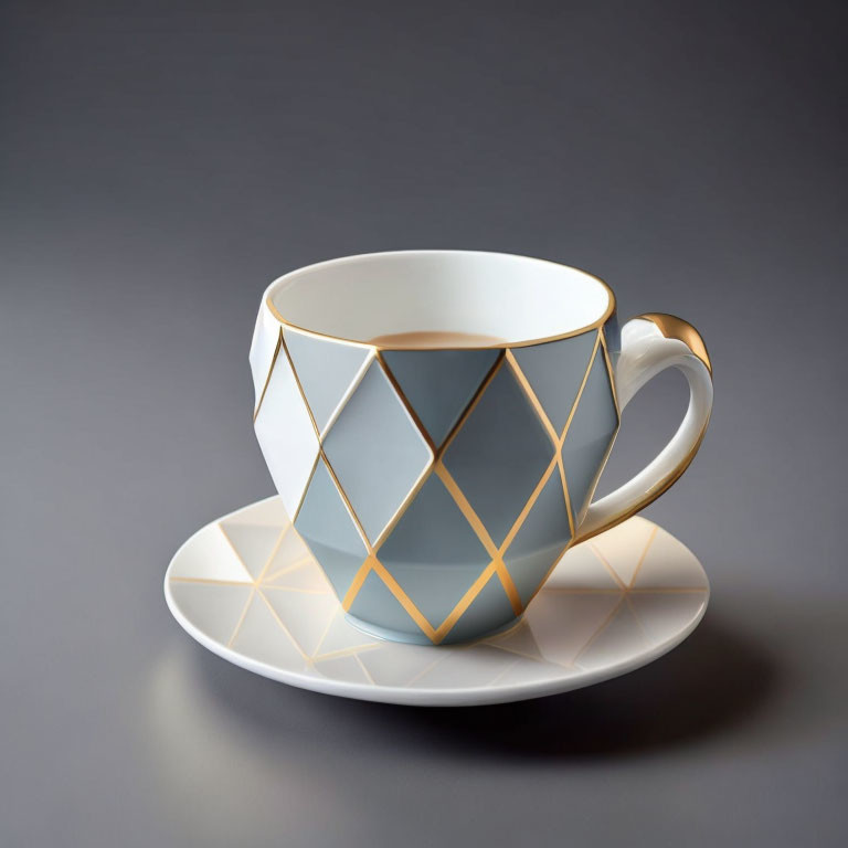 White Porcelain Teacup with Gold and Blue Geometric Patterns on Saucer - Grey Background