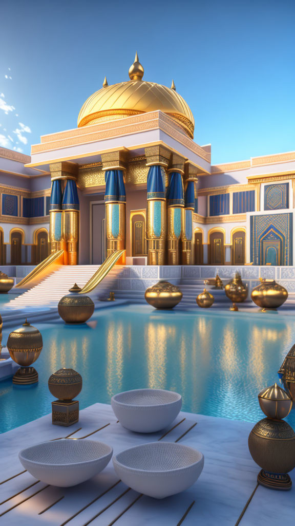 Luxurious palace with golden dome, blue pillars, water staircases, and ornate bowls.