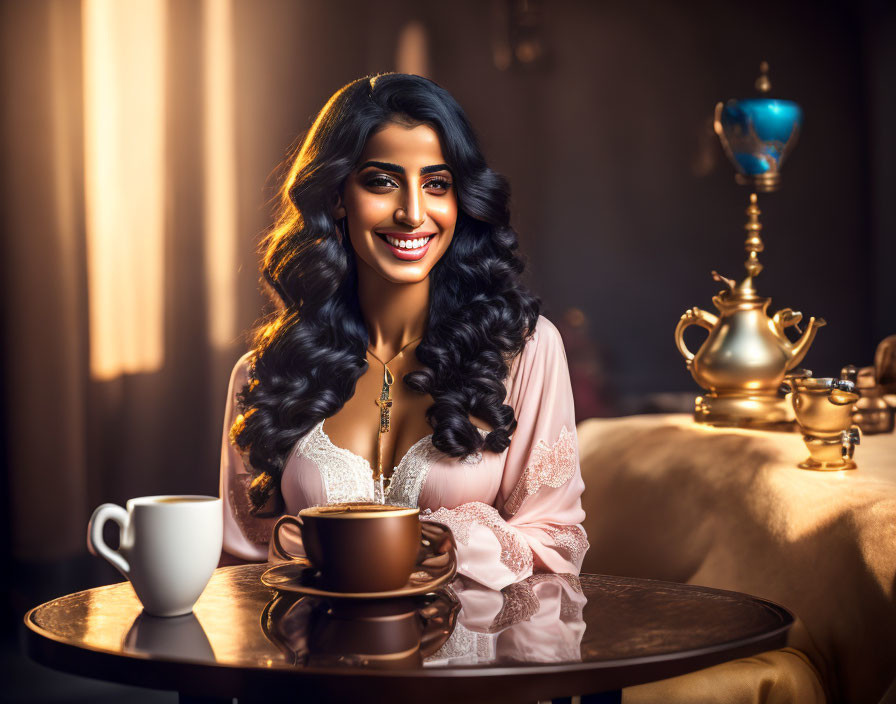 Curly-Haired Woman Smiling at Table with Coffee in Sunlit Elegant Room