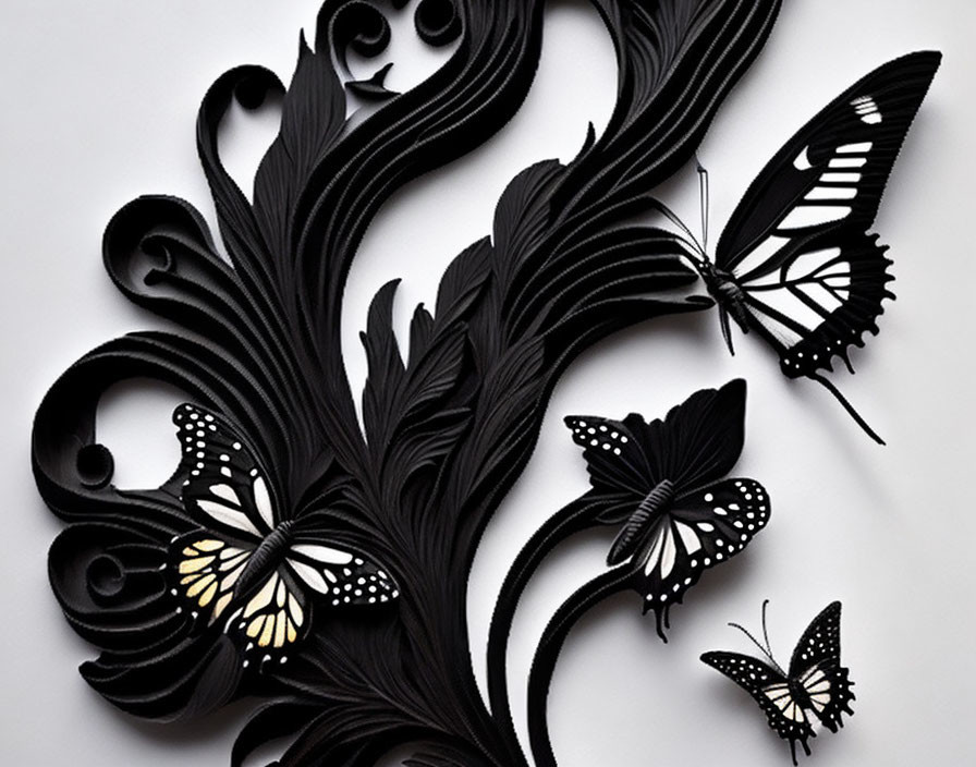 Intricate Black Paper Art with Butterflies and Ornate Patterns