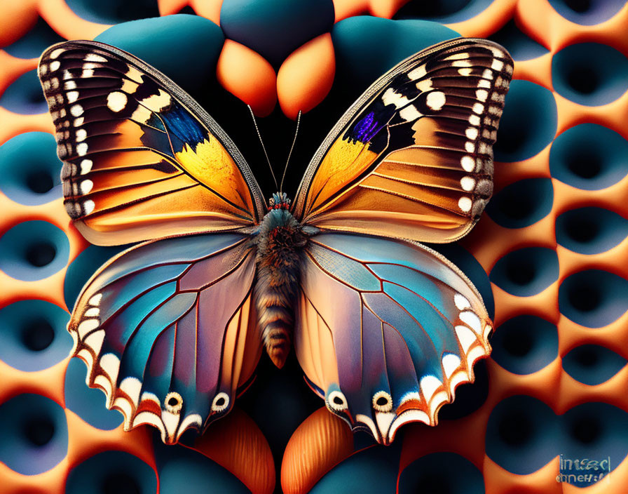 Colorful Butterfly Resting on Orange and Brown Honeycomb Pattern