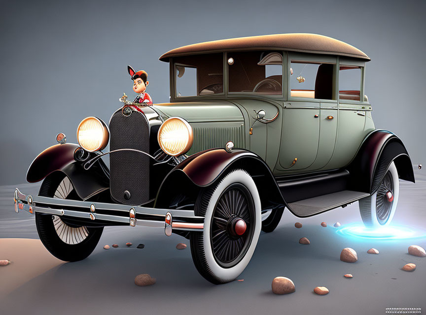 Vintage Car 3D Illustration with Cartoon Boy and Floating Pebbles