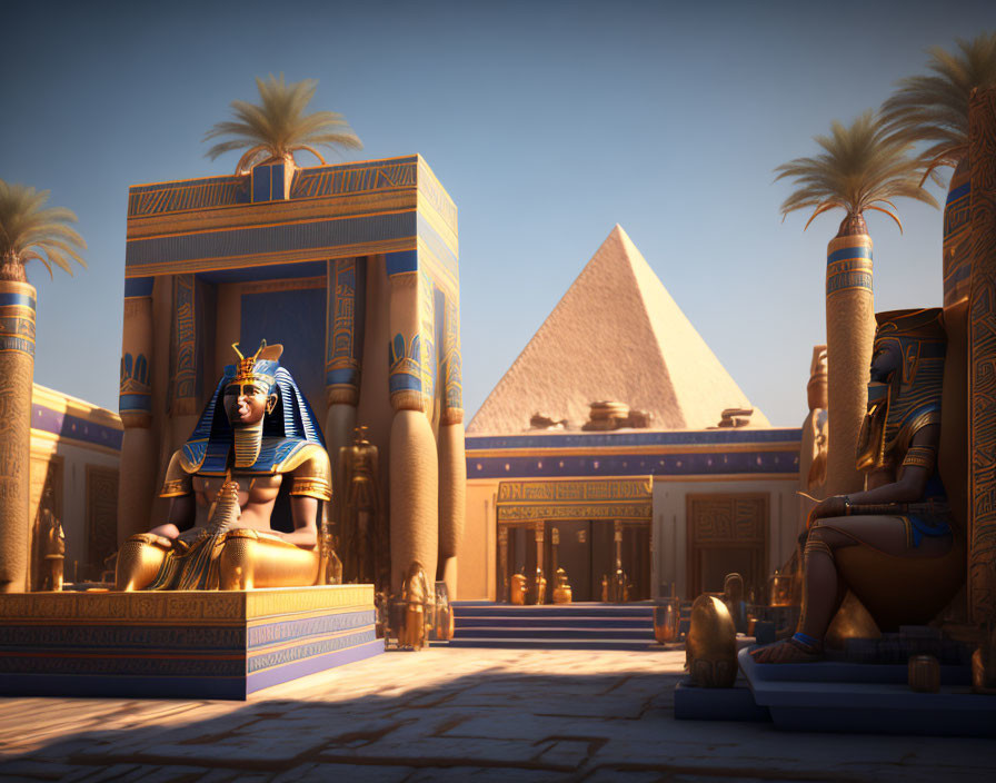 Ancient Egypt animated scene with Sphinx, Pharaoh, and Great Pyramid