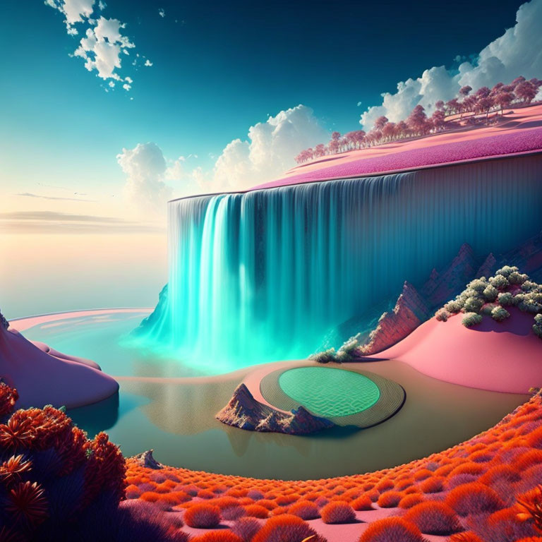 Vibrant surreal landscape with cascading waterfall and unique flora