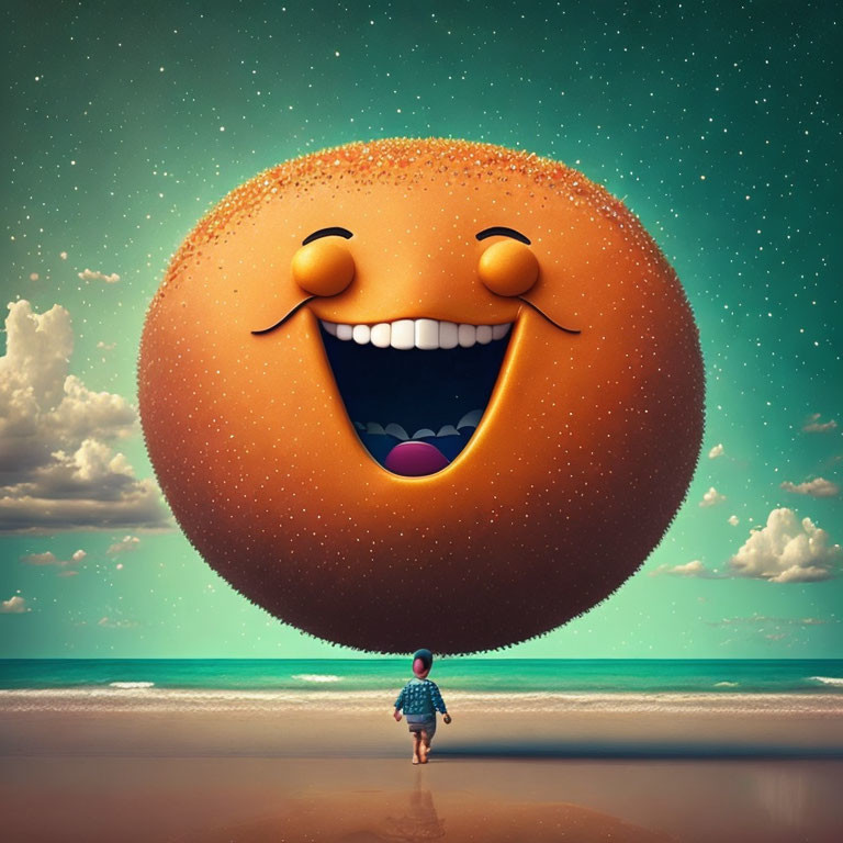 Child encounters giant smiling emoji on beach at night