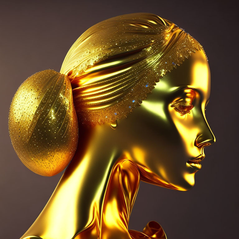 Golden metallic female figure with delicate features and bun hairstyle on dark background